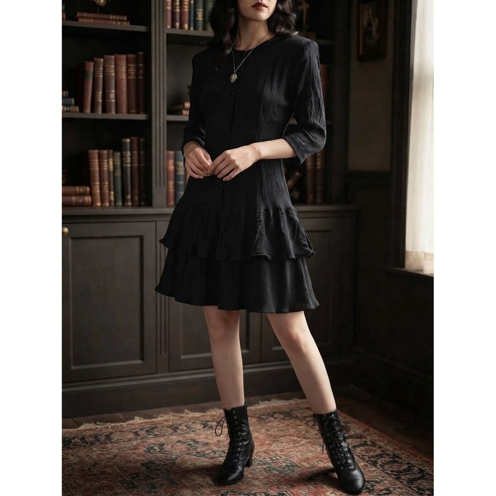 Ruffle Tiered Dress Womens 9/10 Black Whimsigoth Goth 80s USA Made 3/4 sleeves